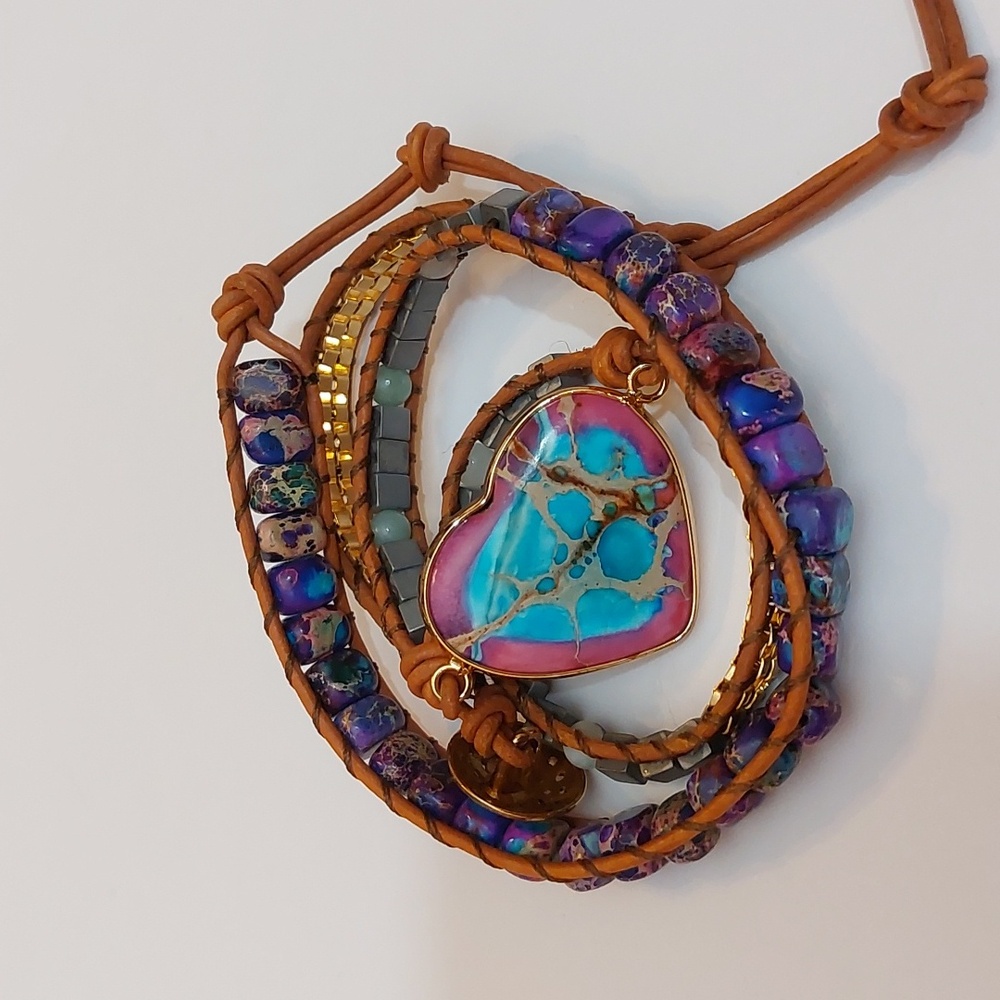 Hippie Bohemian Leather And Multi Color Agate Beads Multi Wrap Bracelet - Picture 3 of 7